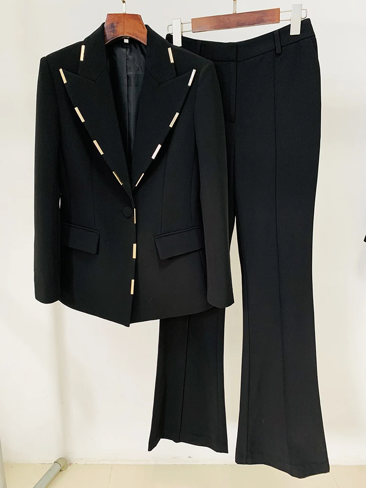 HIGH QUALITY Newest 2024 Designer Runway Suit Set Women\'s Single Button Metal Block Blazer Flare Pants Set