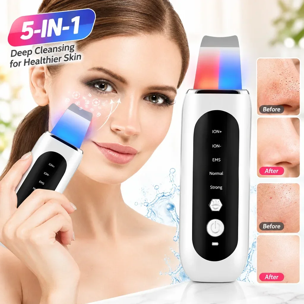 5-in-1 Ultrasonic Facial Scrubber, EMS Microcurrent & Red Blue LED Light, Rechargeable Pore Cleansing Tool