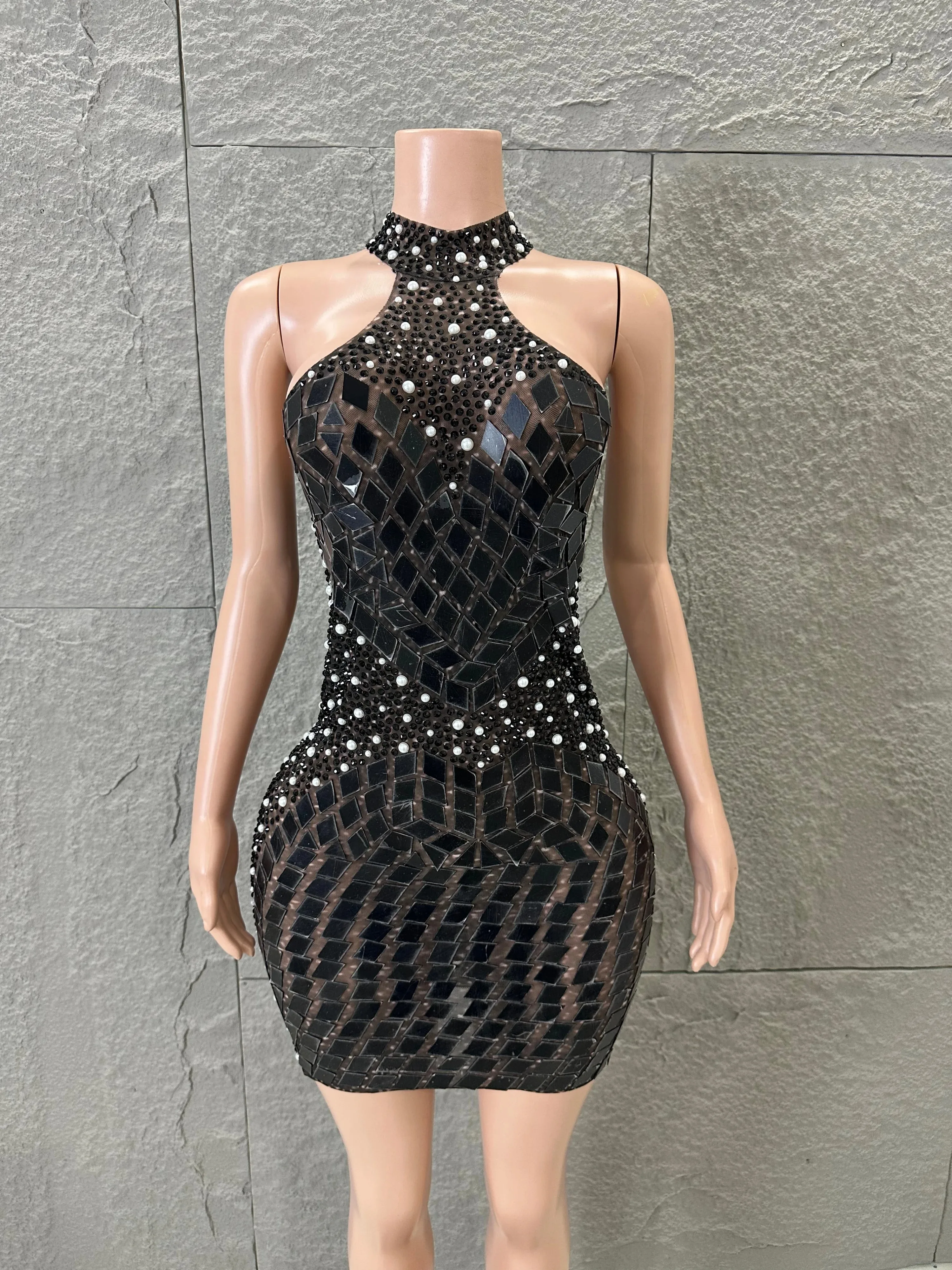 

Sophisticated Black High Neck Rhinestone Mirror Dress See Through Mesh Bodycon Formal Evening Birthday Cocktail Photoshoot Dress