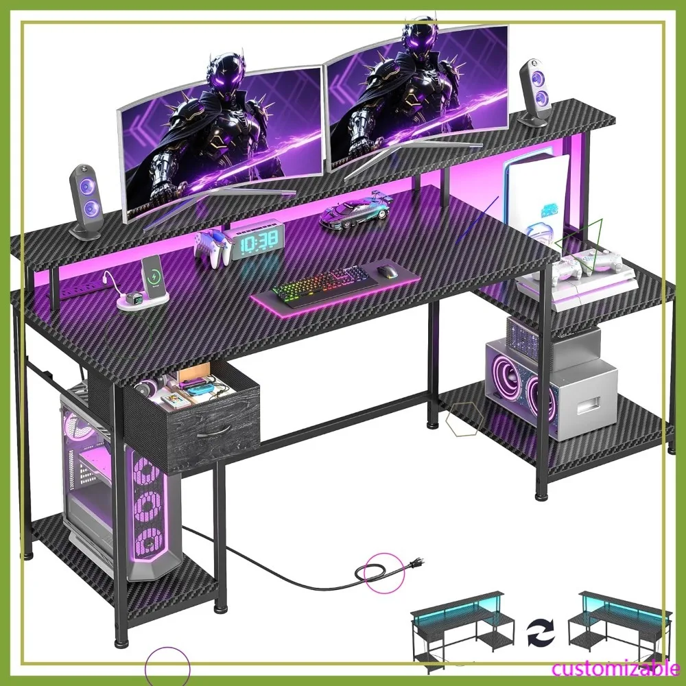 

Игровой стол 55 дюймов со светодиодной подсветкой, розеткой, полками и ящиком для хранения, эргономичной подставкой для монитора, черным