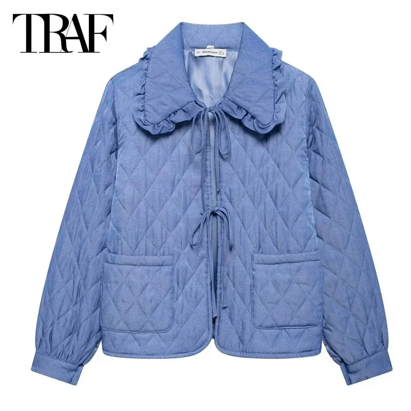 

TRAF Blue Quilted Jacket Women's 2024 Autumn Winter Coats Long Sleeve Butterfly Ruffled Outerwears Warm Cropped Padded Parkas