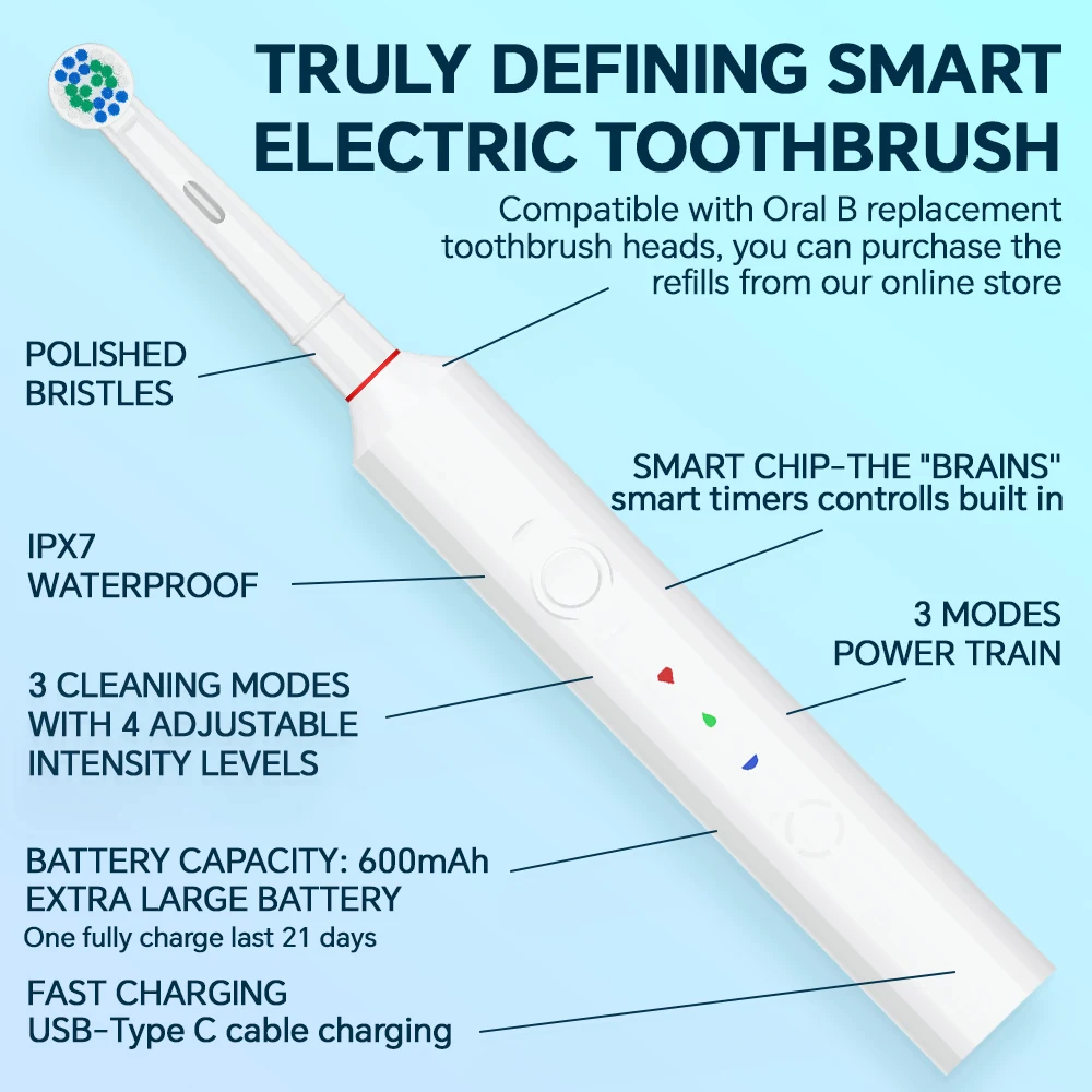 Rechargeable Adult Electric Toothbrush with 2 Replacement Brush Heads and Travel Storage Case, Compatible with Oral B Brush Head