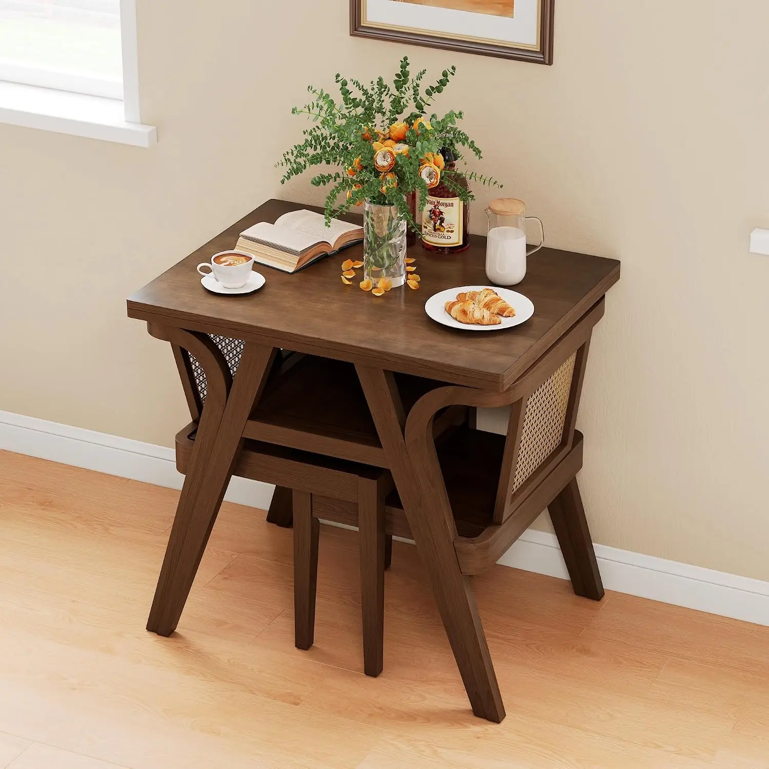 Wood Rattan Bistro Table & Chair Set of 3, Dining Room Kitchen Apartment Small Space Stackable, Customized