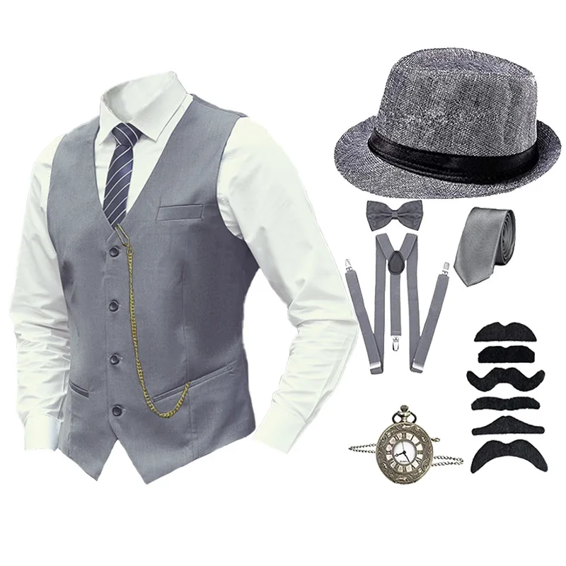 8 pz set 1920s uomini accessori Set Steampunk gilet Gangster gilet orologio da tasca Gatsby Cosplay barba disfraces camicia cappello 6XL