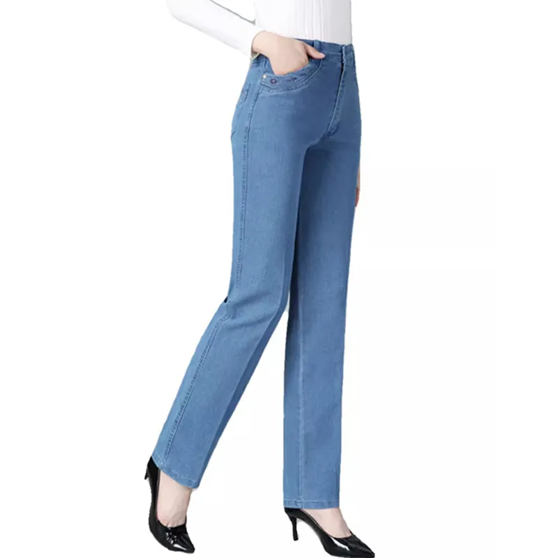 High waisted Elastic Embroidery Jeans 38 For women's Spring Autumn Slim Casual Straight leg pants Female Cotton Denim Trousers