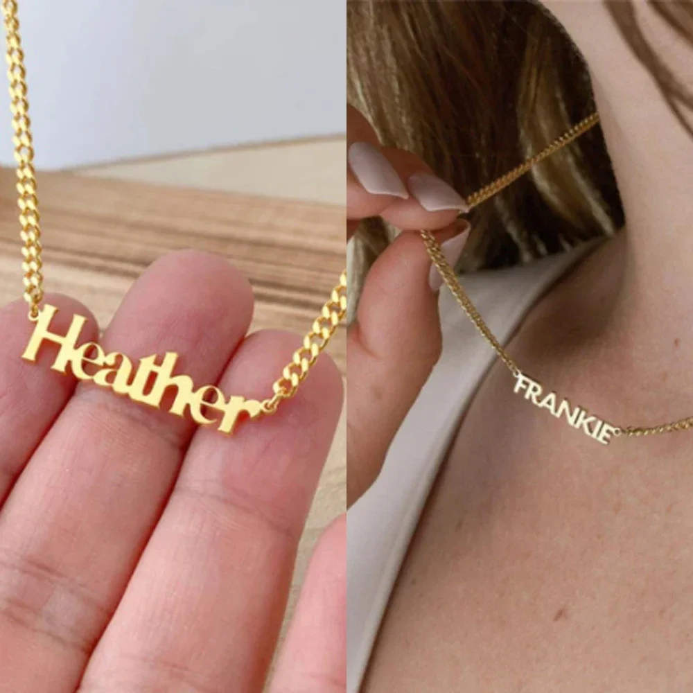 Custom Name Necklace for Women Personalized Stainless Steel Cuban Chain Gold Necklaces for Men Small Letters Font Pendant Gift