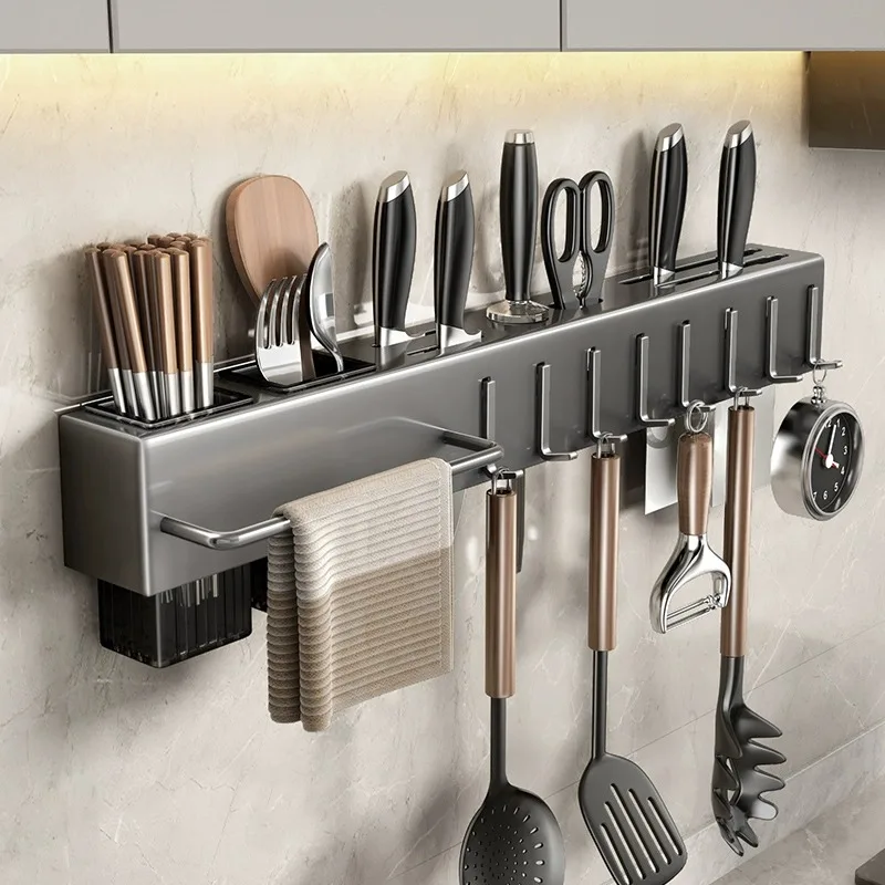 Multifunctional Wall-Mounted Kitchen Storage Rack, Heavy-Duty Carbon Steel Knife Holder, Knife Storage Rack with Hooks, No-Drill Installation, Home and Restaurant Storage for Knives, Cutlery, and Cutting Boards, Space-Saving