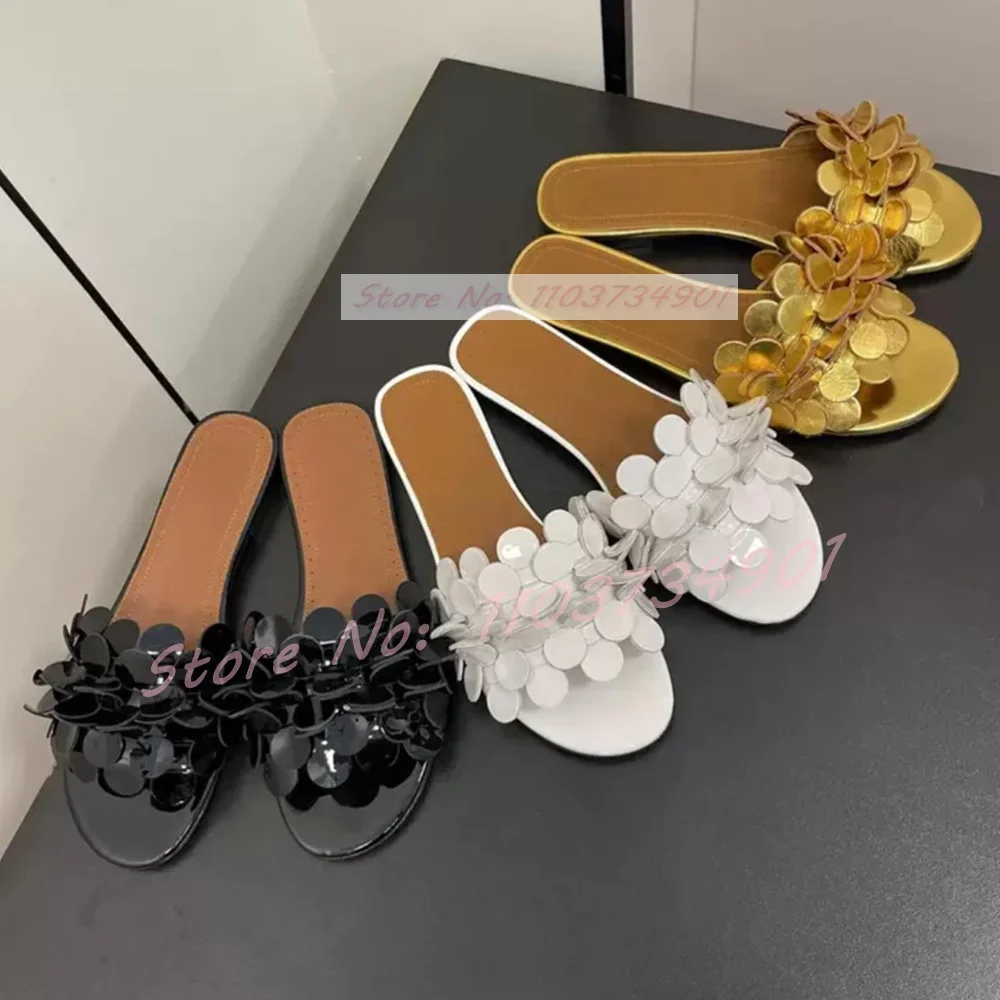 

Sequined Slides Round Toe Flats Slippers Women Casual Sweet Flower Designer Outside Comfy Shoes Fashion Nifty Elegant Chic Mules