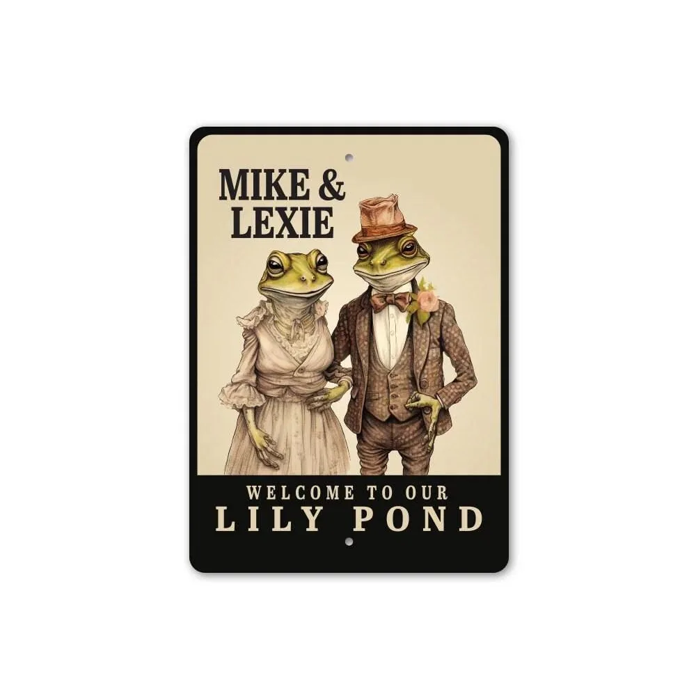 CIFbuy [2D Flat] Custom Metal Plaque, Vintage Frog Couple Lily Pond Custom Text Wall Sign, Garden Lover Gift (Only For Decoratio