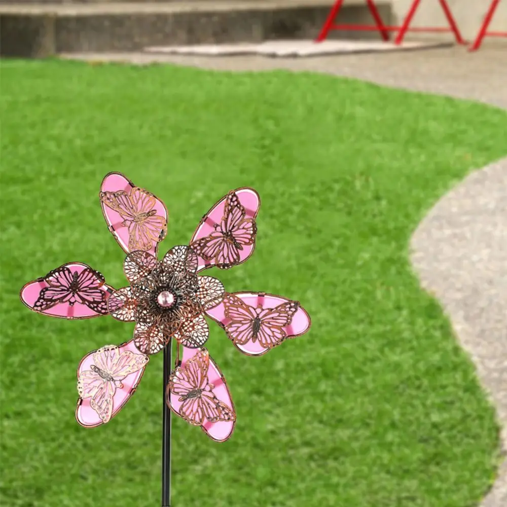 

Metal Windmill Spinner Sculpture Luminous Effect Rotating Gardening Plug Butterfly Pattern Flower Pinwheel Backyard Patio
