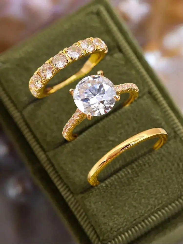 925 فضة أنيقة رائع جولة كامل الزركون خاتم ثلاث قطع مجموعة للنساء المشاركة الزفاف الفاخرة غرامة مجوهرات #3