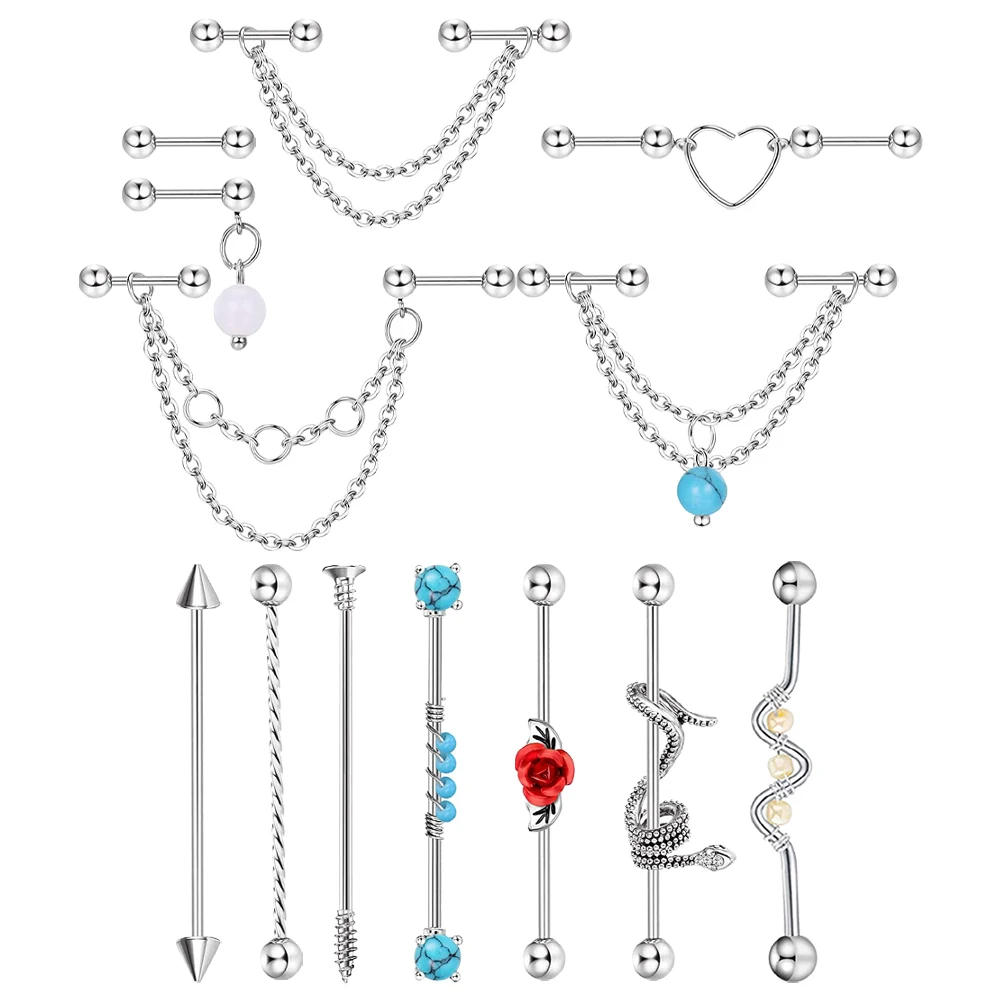 

13 Pcs Cartilage Earrings Turquoise Industrial Piercing Jewelry Barbell Ear Rings Safe Material Lightweight Trendy Accessories