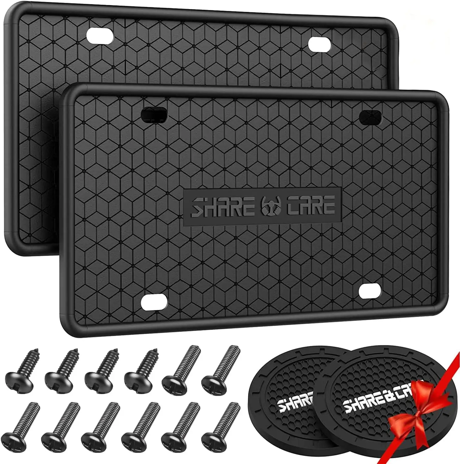 

2-Pack Silicone License Plate Frame, Front & Back Cover, Rust-Proof Weather-Proof for US/CA Cars with 2 Water Coasters (Black)