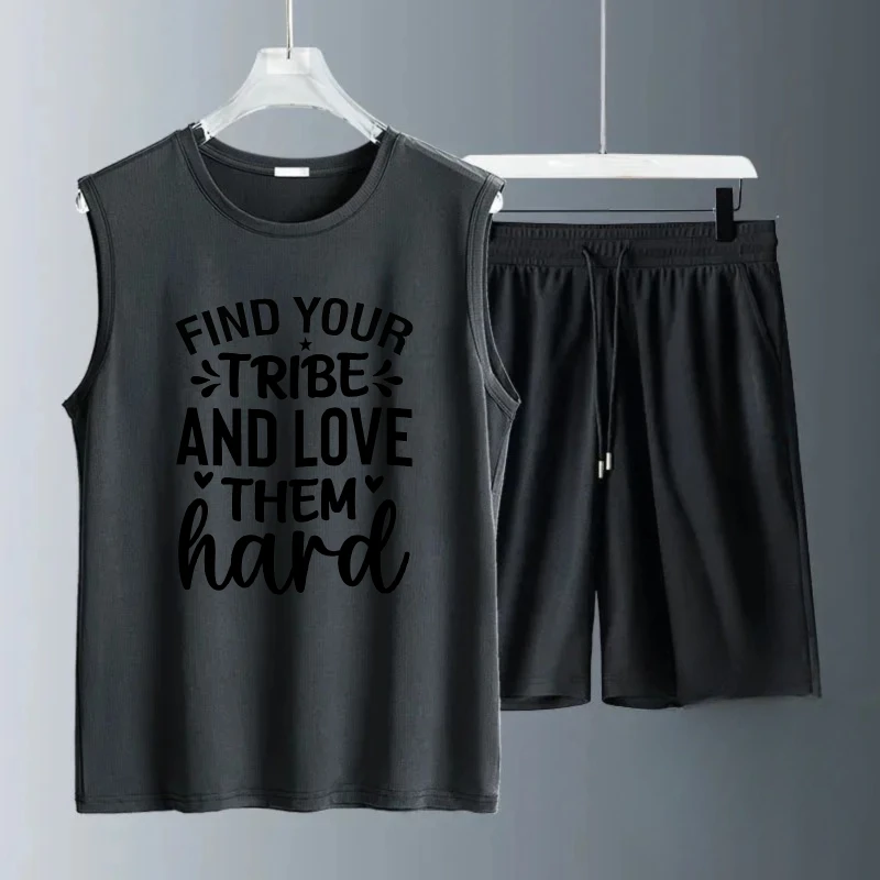 بدلة صدرية رجالية صيفية بدون أكمام مطبوعة ابحث عن قبيلةك وأحبهم قطع علوية صلبة + شورت مكون من قطعتين بدلة رياضية سريعة