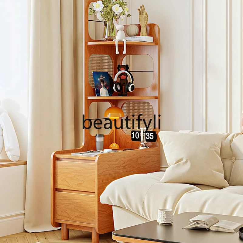 

Japanese-style cherry wood sofa side cabinet living room solid wood corner corner edge lift socket