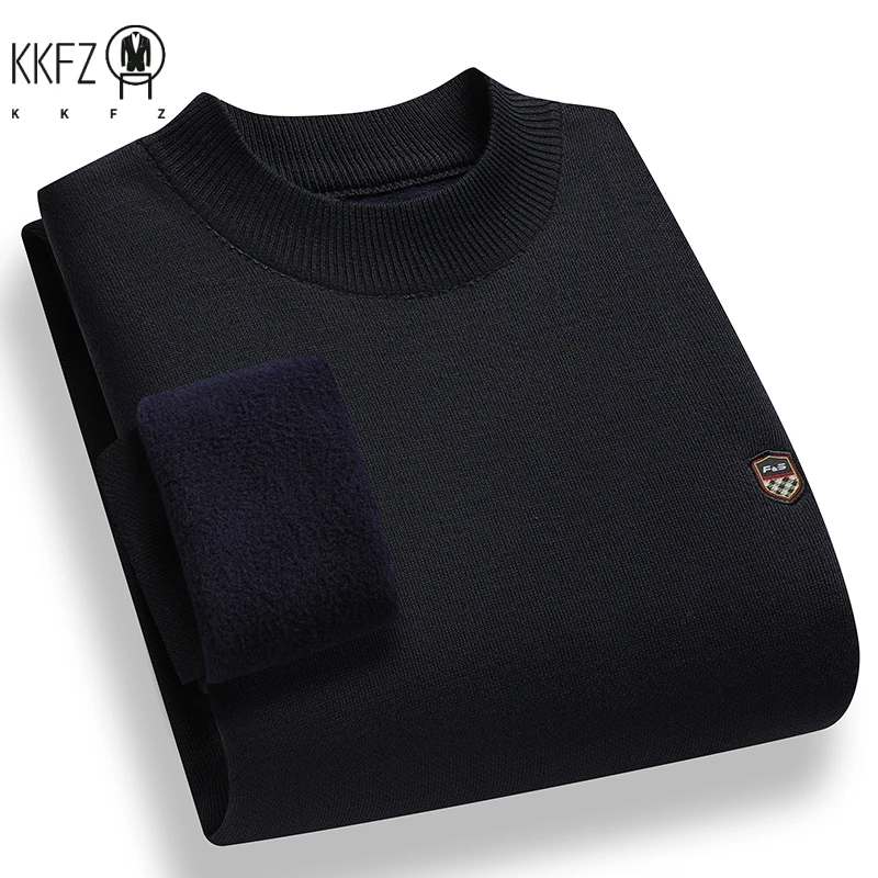Windproof Men Plain Knitted Sweater Stretch Rib Trim Small Shield Badge Fleece Lined Office Casual Long Sleeve Top