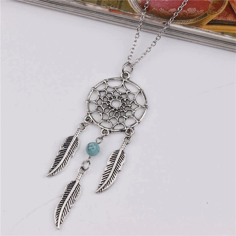 Collier attrape-rêves avec pendentif bleu en plumes pour femmes, chaîne de style bohémien, bijoux cadeau de fête, vente en gros, nouvelle mode