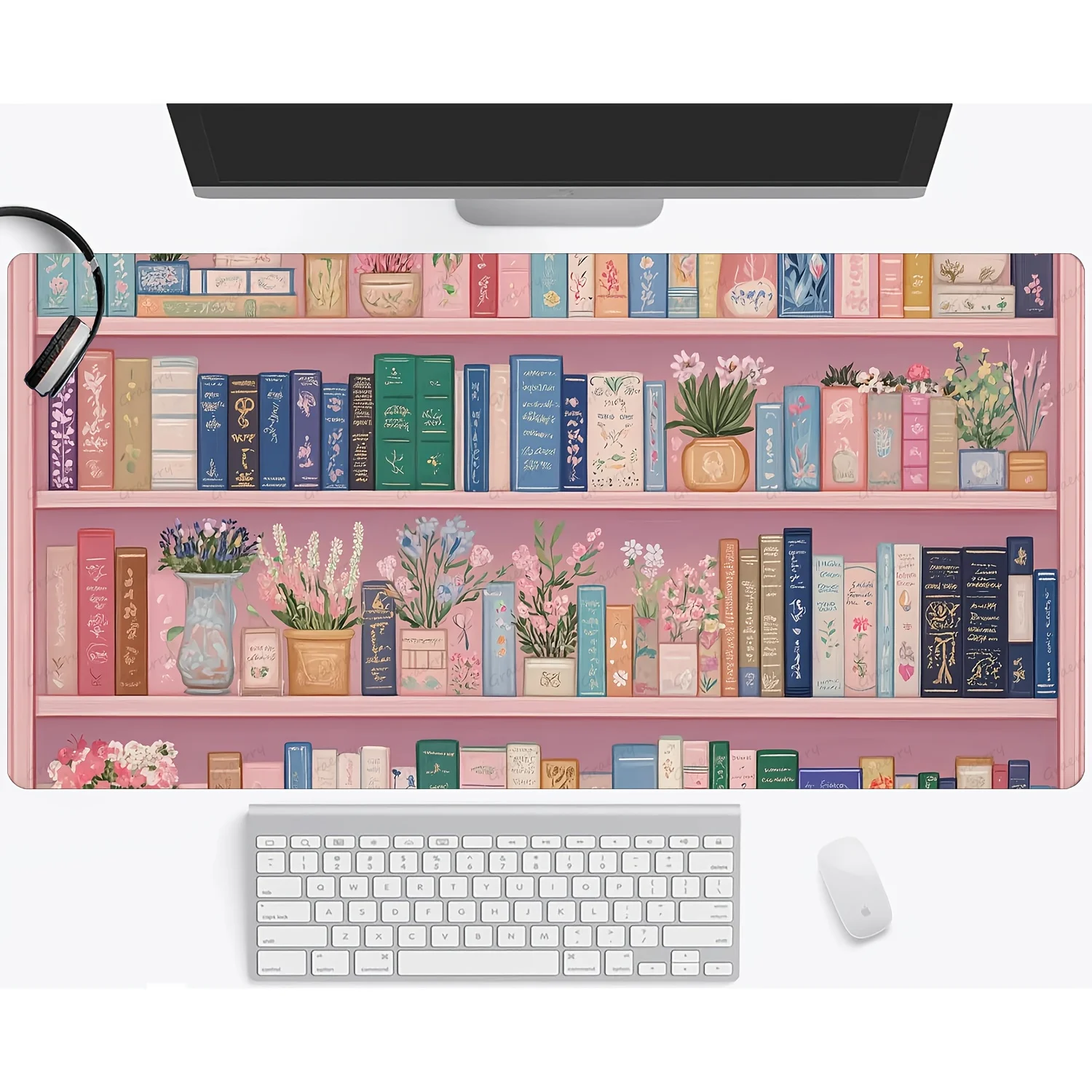 Aesthetic Pink Library Desk Mat Cute Bookshelf Large Gaming Mouse Pad Non-Slip Rubber Office Accessories
