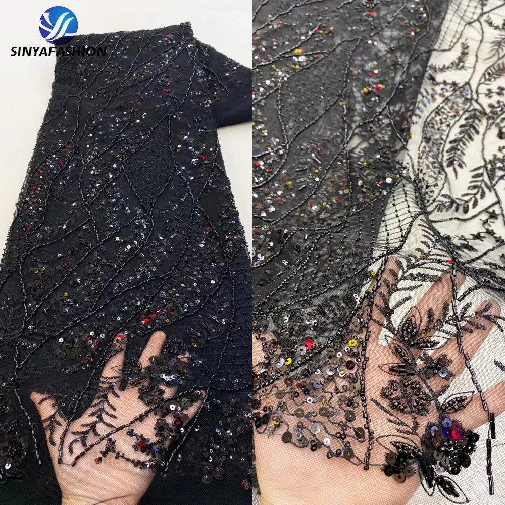 Tim Black African Nigerian French Net Embroidery Tulle Bridal Wedding Luxury Sequins Beaded Lace Fabric High Quality For Dress