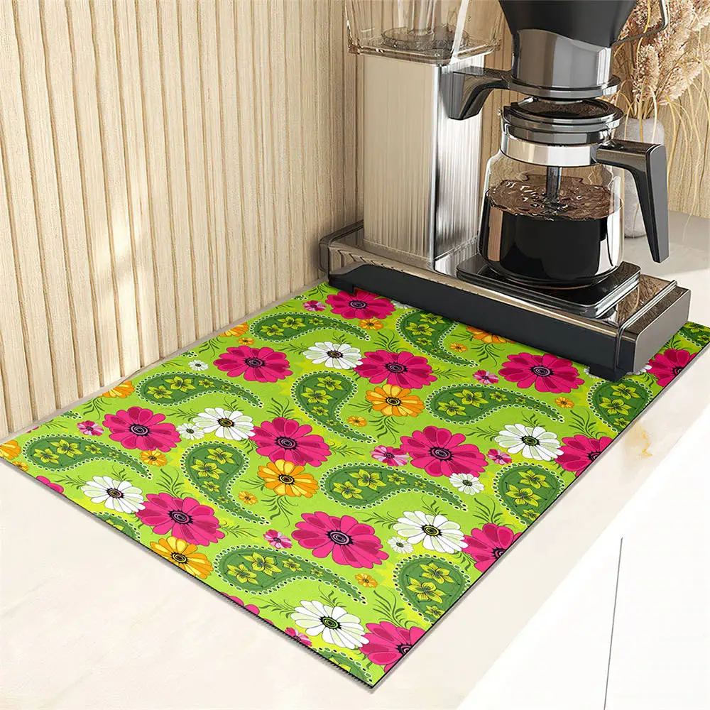 Paisley Flower Print Coffee Machine Drain Mat Cottage Kitchen Countertop Absorbent Mat Dry Non-slip Bar Table Washable Drain Pad