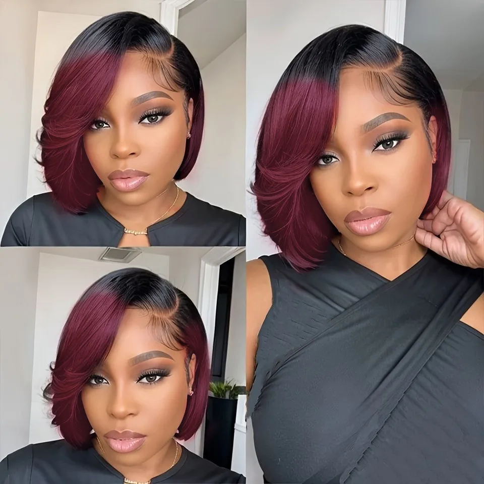 Pixie-Perücke, kurze, gerade Perücke, braune Burgunderfarbe, Black Friday Halloween, 13 x 4 Frontal-Spitze, Pixie-Schnitt-Echthaar-Perücke für Damen