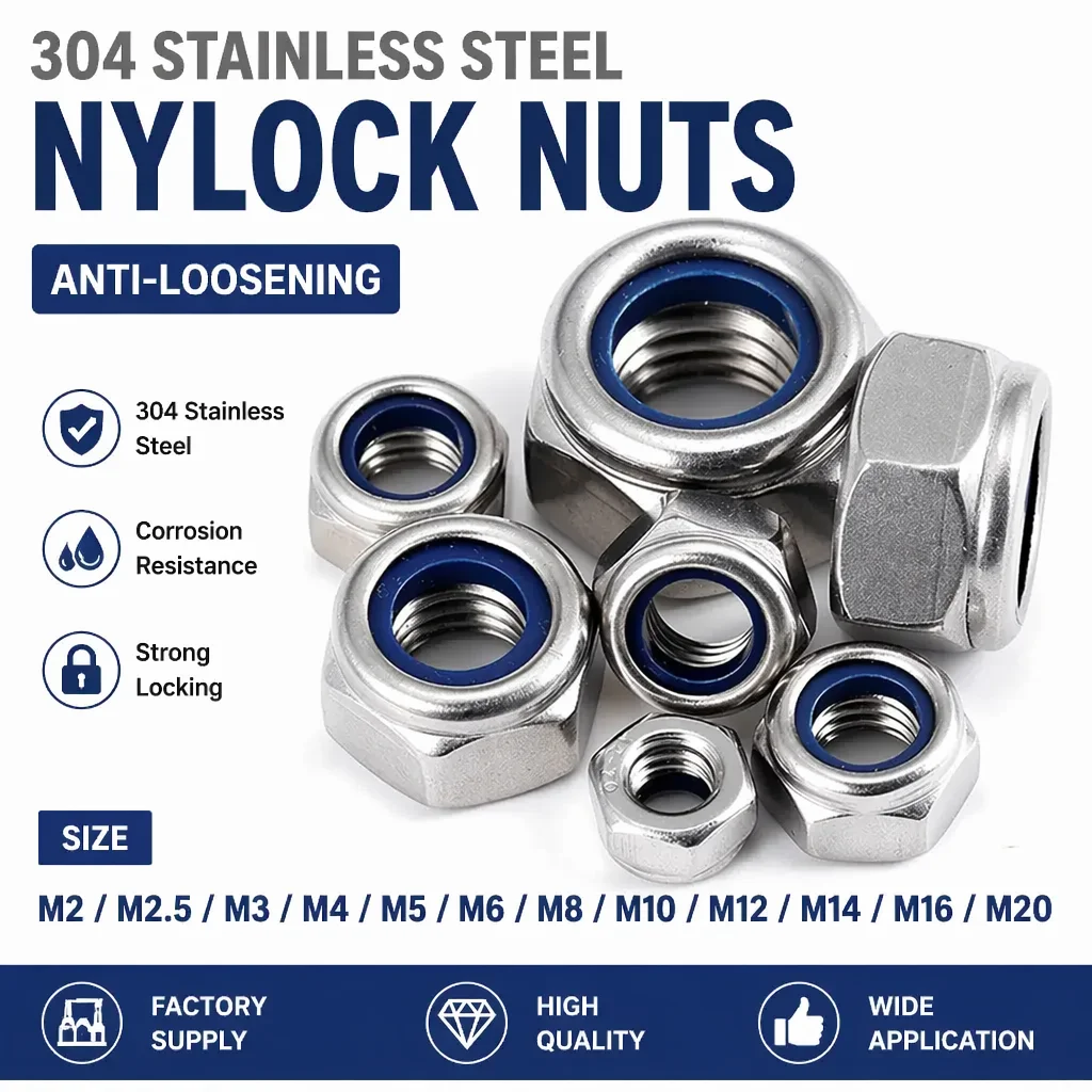 304 Stainless Steel Hex Nylon Lock Nuts M2 M2.5 M3 M4 M5 M6 M8 M10 M12 M14 Hexagon Hex Self-locking Nylock Nut Locknuts.