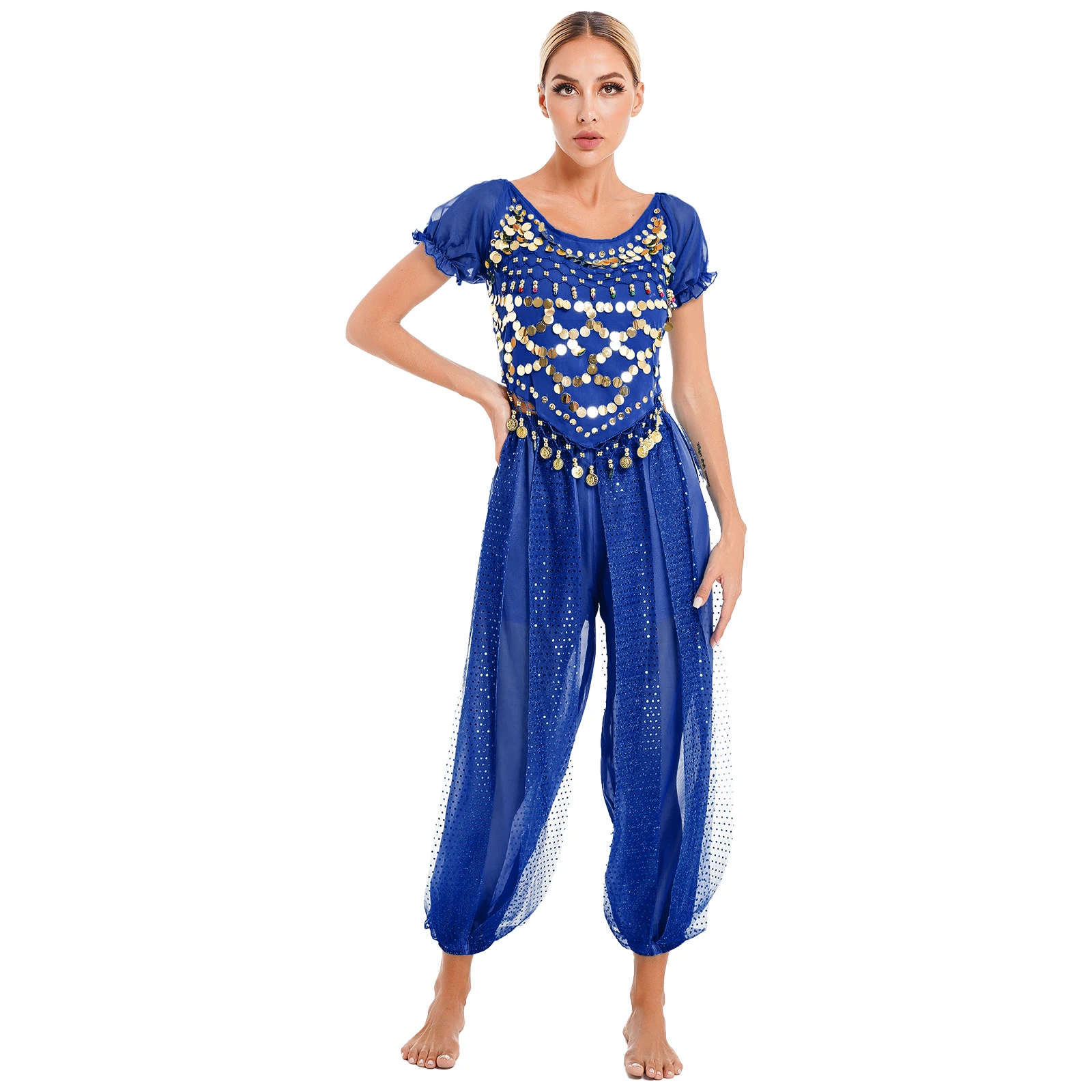 Womens Belly Dance Costume Sparkly Bollywood Indian Cosplay Outfits Sequin Puff Sleeve Crop Top with Harem Pants for Performance