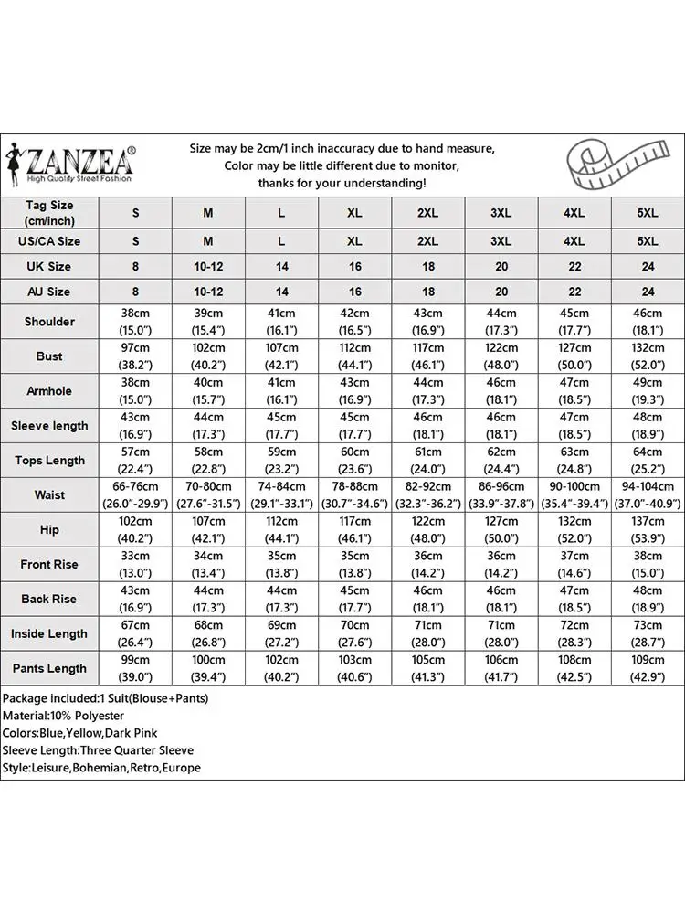 ZANZEA 여성용 운동복, 단색 3/4 소매 블라우스 바지 정장, OL 의상, 우아한 와이드 레그 팬츠 세트, 여름 패션, 2 개