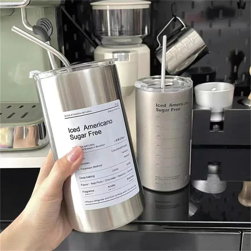 600ml Thermos Cup Portable Coffee Mug Thermal Leak-proof Water Bottle with Straw Insulated Bottle Drinkware