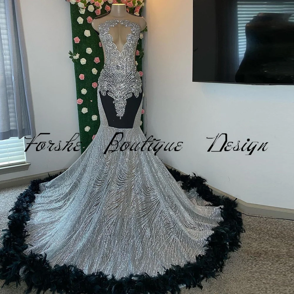 African Sparkly Prom Dress Mermaid 2025 Rhinestones Feather Black Girl Evening Party Gala Gowns Customized