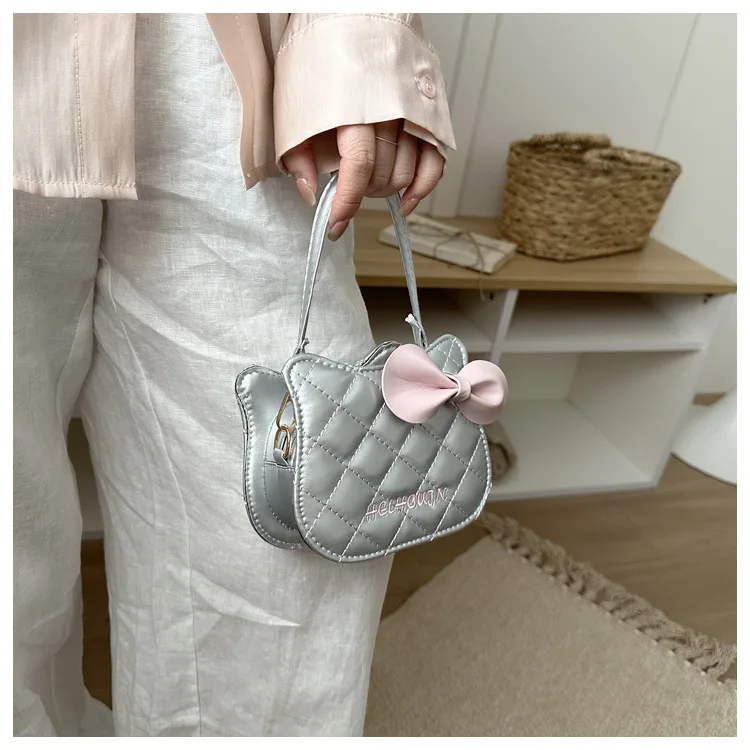 Schöne Damenhandtasche mit Katzenmuster, modische Umhängetasche mit Rautenmuster, süße Umhängetasche mit Schleife – Detail 10