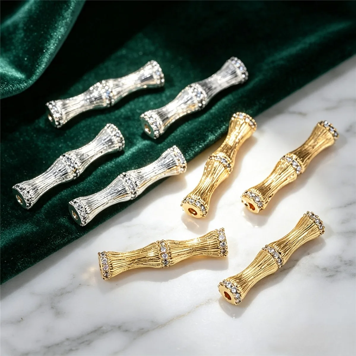 14K Gold-wrapped Plated Sterling Silver Zirconium-inlaid Bamboo Long Tube Bead Spacer Elbow Pendant DIY Bracelet Necklace Jewelr