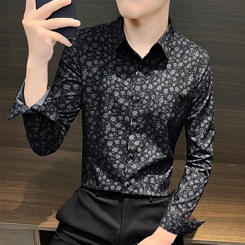 

Fashion Lapel Button Loose Printed Business Shirts Men's Clothing Spring New Oversized Casual Tops All-match England Shirt