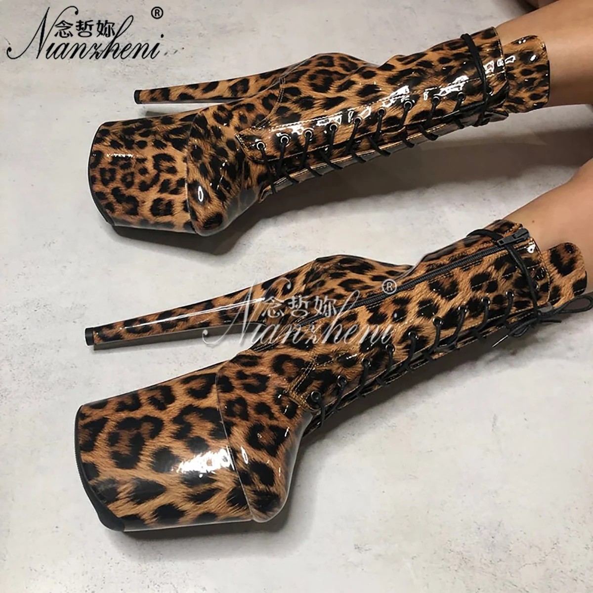 Exotic Leopard Print Gothic Stripper Heels 20cm High Heel Ankle Boots 8 Inch Platform round Toe Women's Size 34-46 for Pole Danc