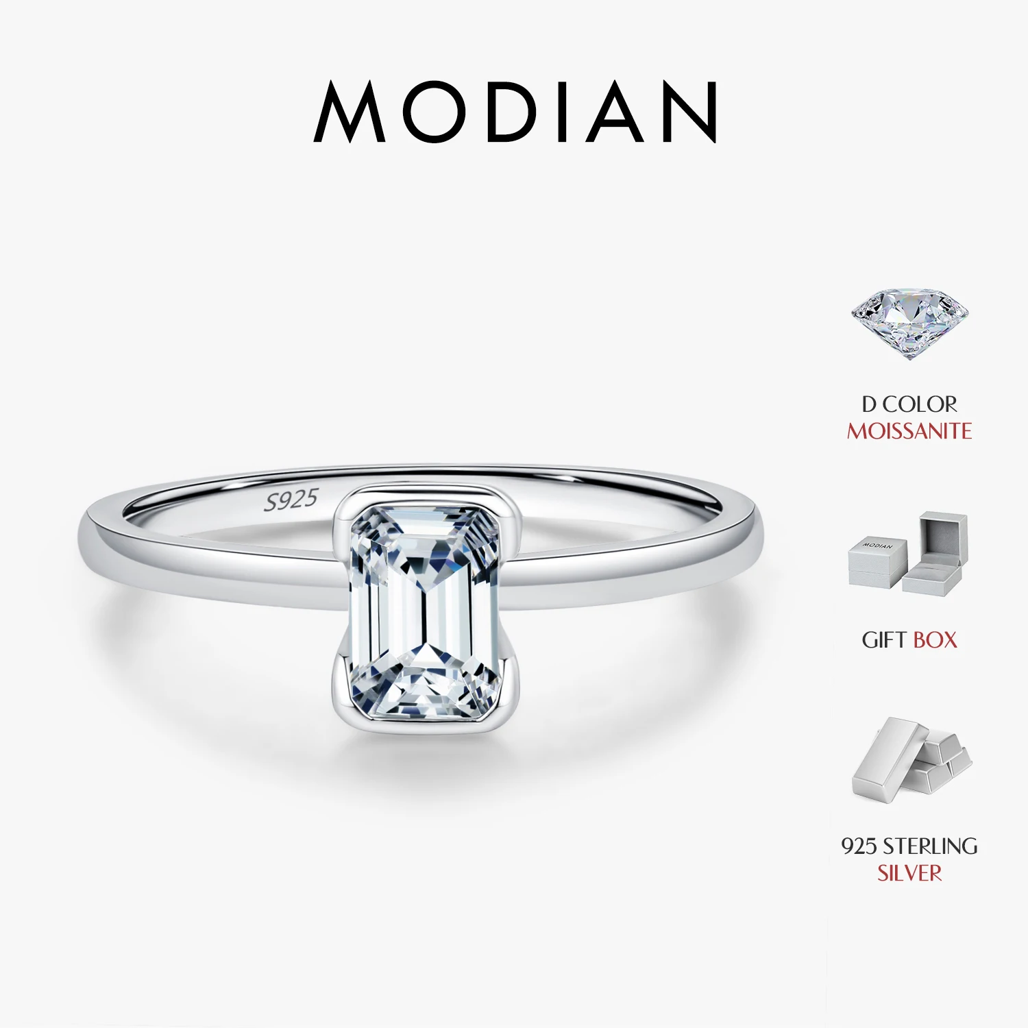 MODIAN 0.8Ct VVS1 Rectangle Emerald Cut Moissanite Ring 925 Sterling Silver Classic Rings For Women Wedding Fine Jewelry Gift