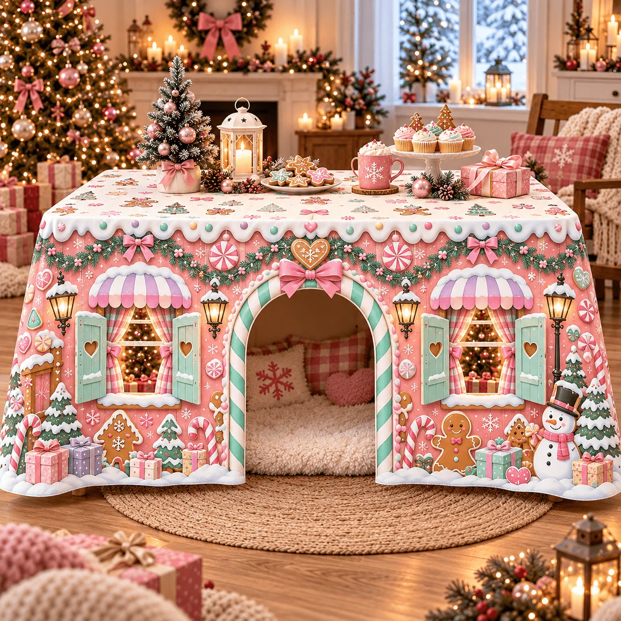 1 doggy door tablecloth, pink candy hut to fill up the Christmas atmosphere! Gingerbread man, snowman, candy cane and bow print