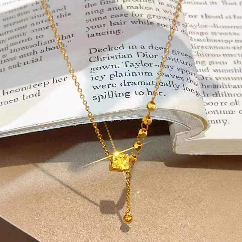9999 gold style four-sided crushed ice square sugar fringed necklace for women, fashionable and versatile
