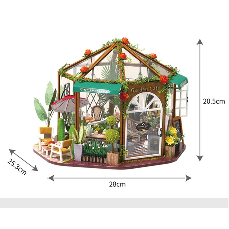 DIY Wooden Miniature Model Kit Flower Garden Cafe Cottage 3D Puzzle Dollhouse With Furniture Lights Casa for Friends Gifts