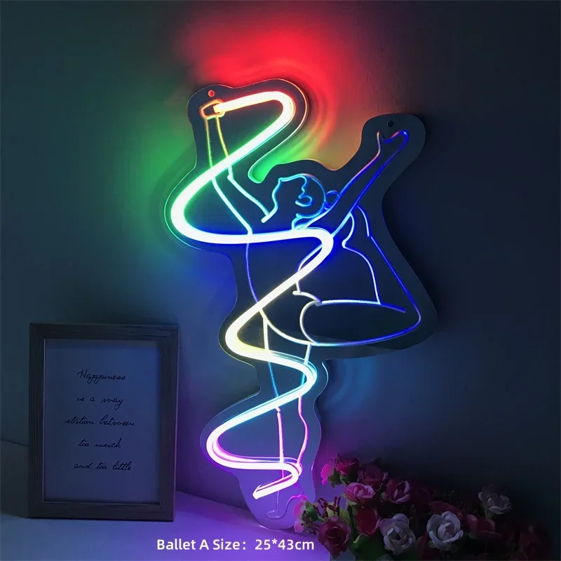 Shine Ballet Girls LED Neon Sign Acrylic Mirror Wall Art Decoration Colorful Neon Lights for Dance Room Decor Adjustable Color