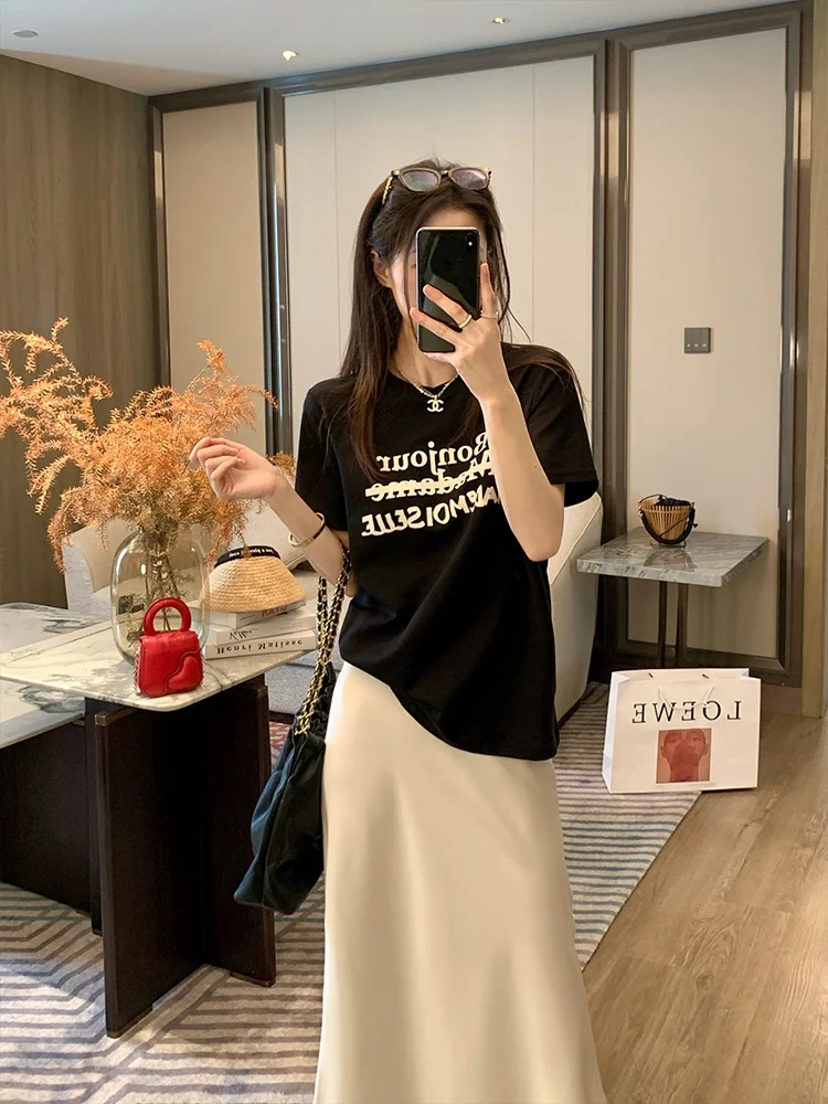 

Bla round Ne Loose ort Sve T-irt Women's Summer American Retro Letter Print Casual INS Sle Top for Ladies