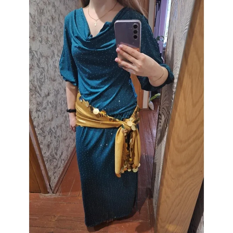 Vestido de Danza del Vientre para Mujer, Traje Egipcio Baladi Saidi de 3 Piezas, Túnica de Algodón, Diadema, Cinturón, Galabeya Oriental, Abaya