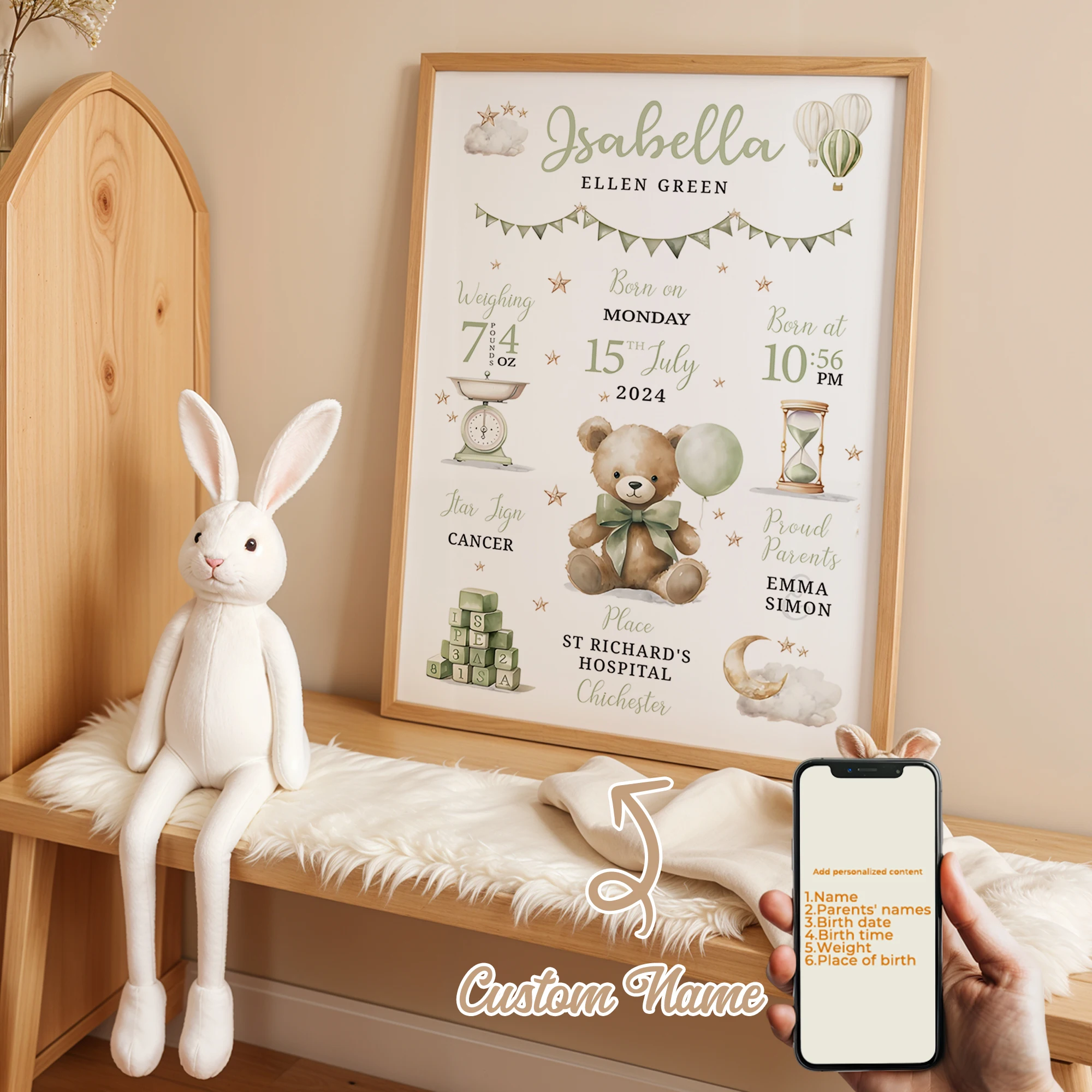 Personnalisation moderne nom personnalisé Date de naissance de bébé ours en peluche mur Art impression photo salon chambre d'enfants décor à la maison cadeau