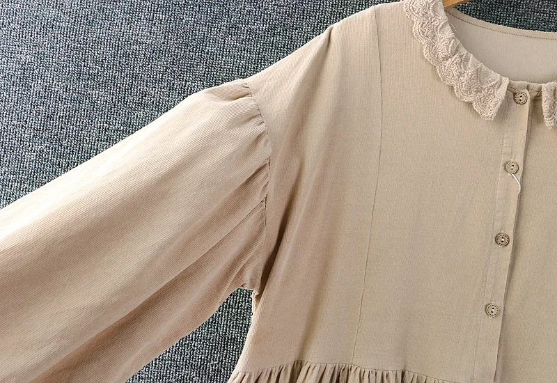 Primavera autunno dolce pizzo ricamo colletto abito in velluto a coste donna manica lunga Casual abiti Midi Vintage