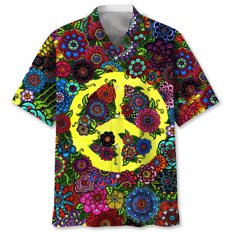 Vintage Colorful Peace Pattern Hawaiian Shirt For Men 3D Printed Floral Short Sleeves Lapel Shirts Summer Street Button Blouses