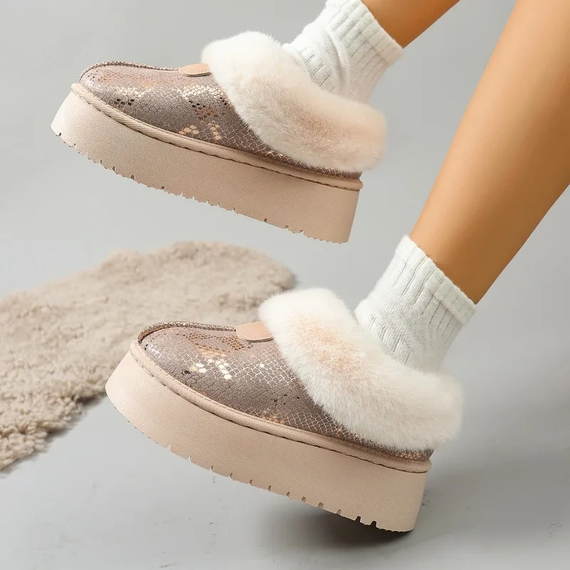 Women Winter Platform Snow Shoes Snake Print Upper Fuzzy Trim Warm Fleece Lined Slip on Thick Sole Outdoor Winter Footwear