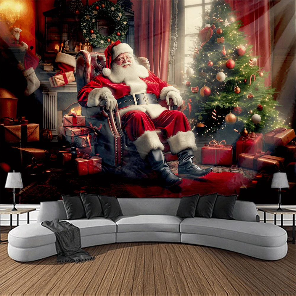 Classic Christmas Wall Tapestry With Santa Claus By Fireplace  Polyester Fabric Holiday Wall Hanging Decor Featherless No Electr