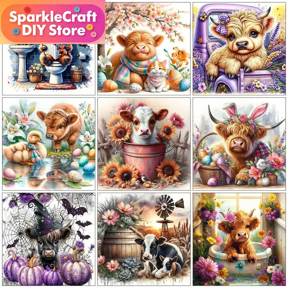 1pc frameless   Diamond Mosaic Animal Highland Cattle Diamond Painting Cow Picture Of Rhinestones Embroidery Cartoon Wall Decor