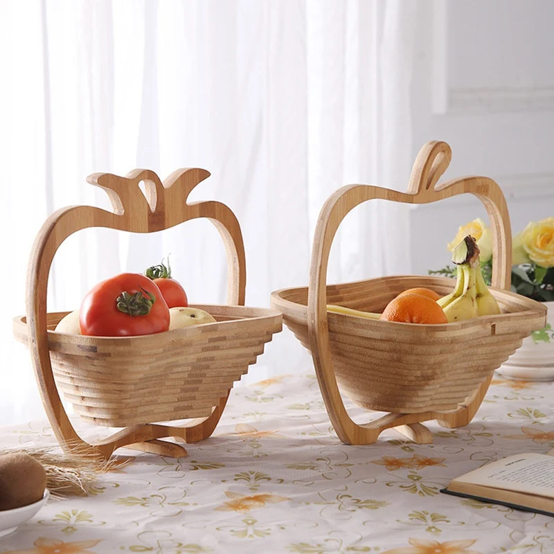 Cesta de bambú con forma plegable, cestas de frutas de bambú, bandeja de almacenamiento de alimentos para cocina, adornos artesanales, 1 Uds.