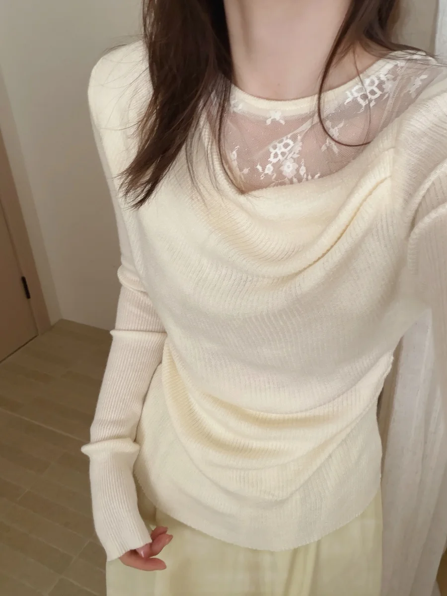 

Spring 2026 Lace Insert Pleated Design Knitted Top Women's Long Sve Slim Fit Base irt Sexy Sle Chinese Made Knittedwear