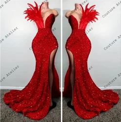 Red Feathers Prom Dresses For Black Girls Sequin Mermaid Gowns For Women Party Wear Formal Evening Dresses Africa abiti da sera